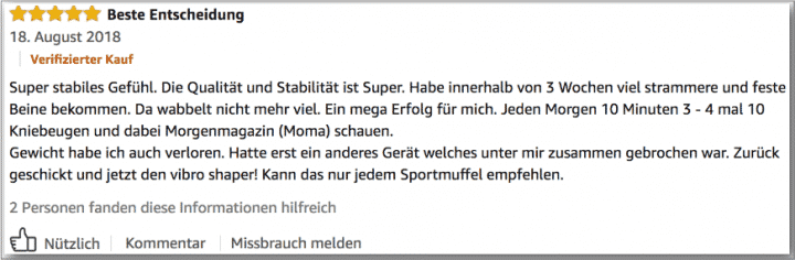 Erfahungsbericht eines Kunden auf Amazon über die Vibrationsplatte